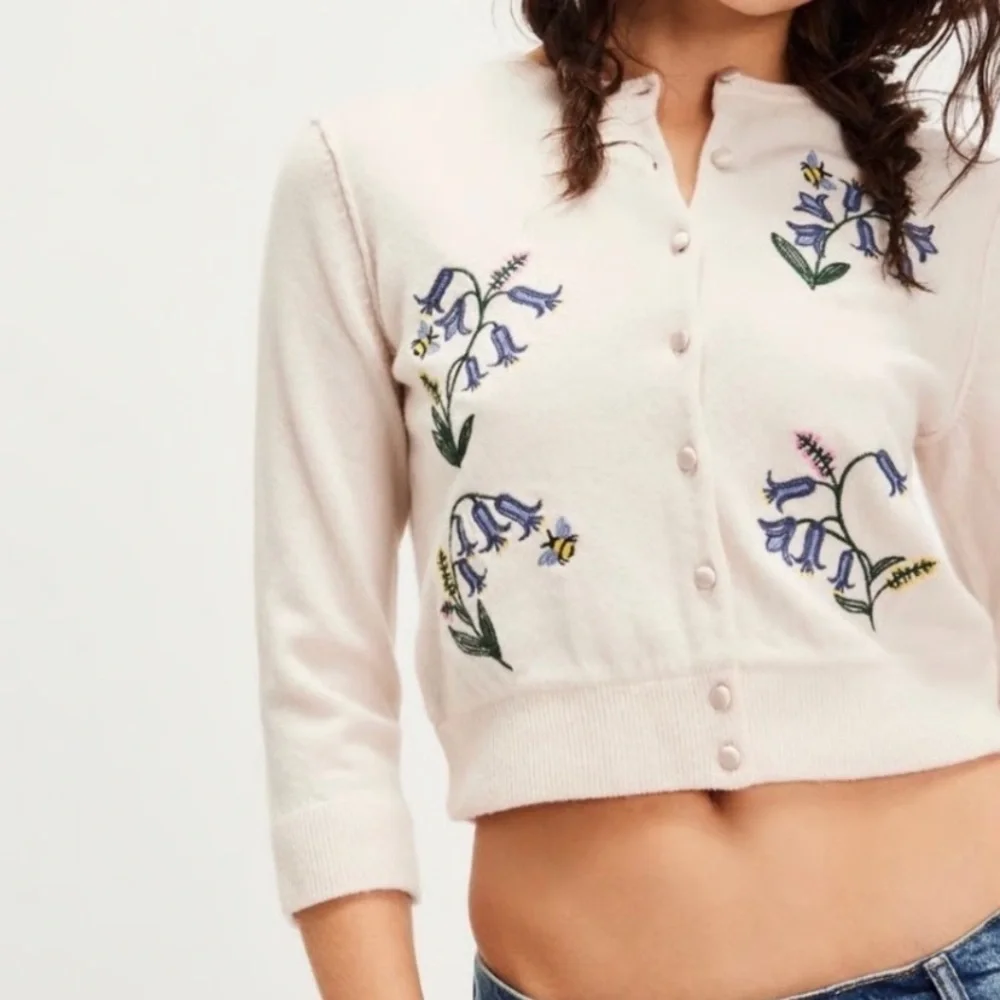 New! Free People Pink Floral Bee Embroidered silk lined Cardigan 2729